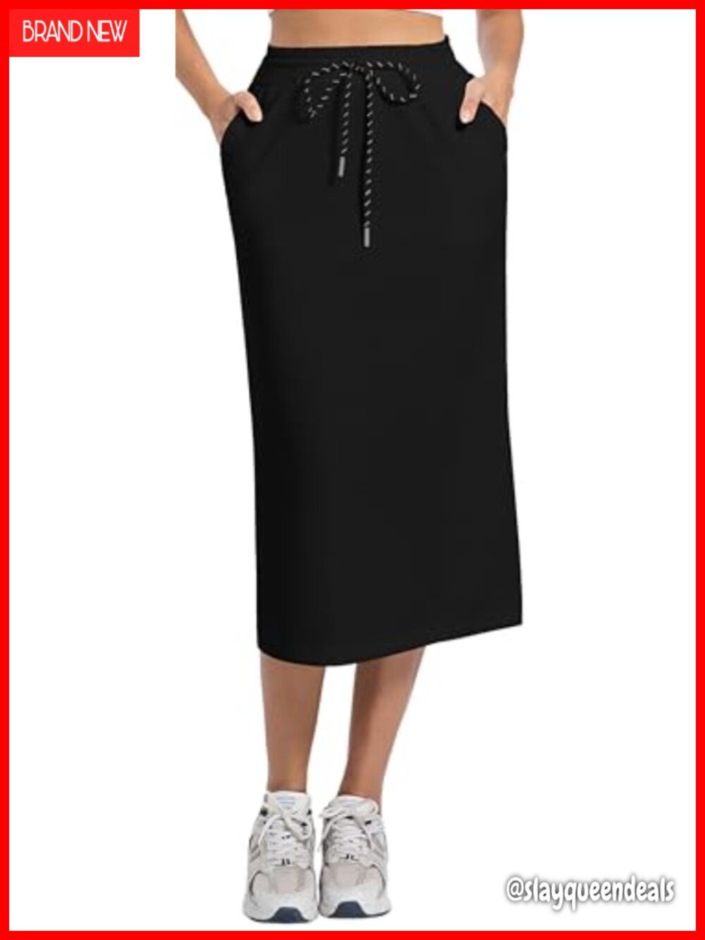 High Waist Drawstring Stretch Sweat Midi Skirt with Pockets Slit